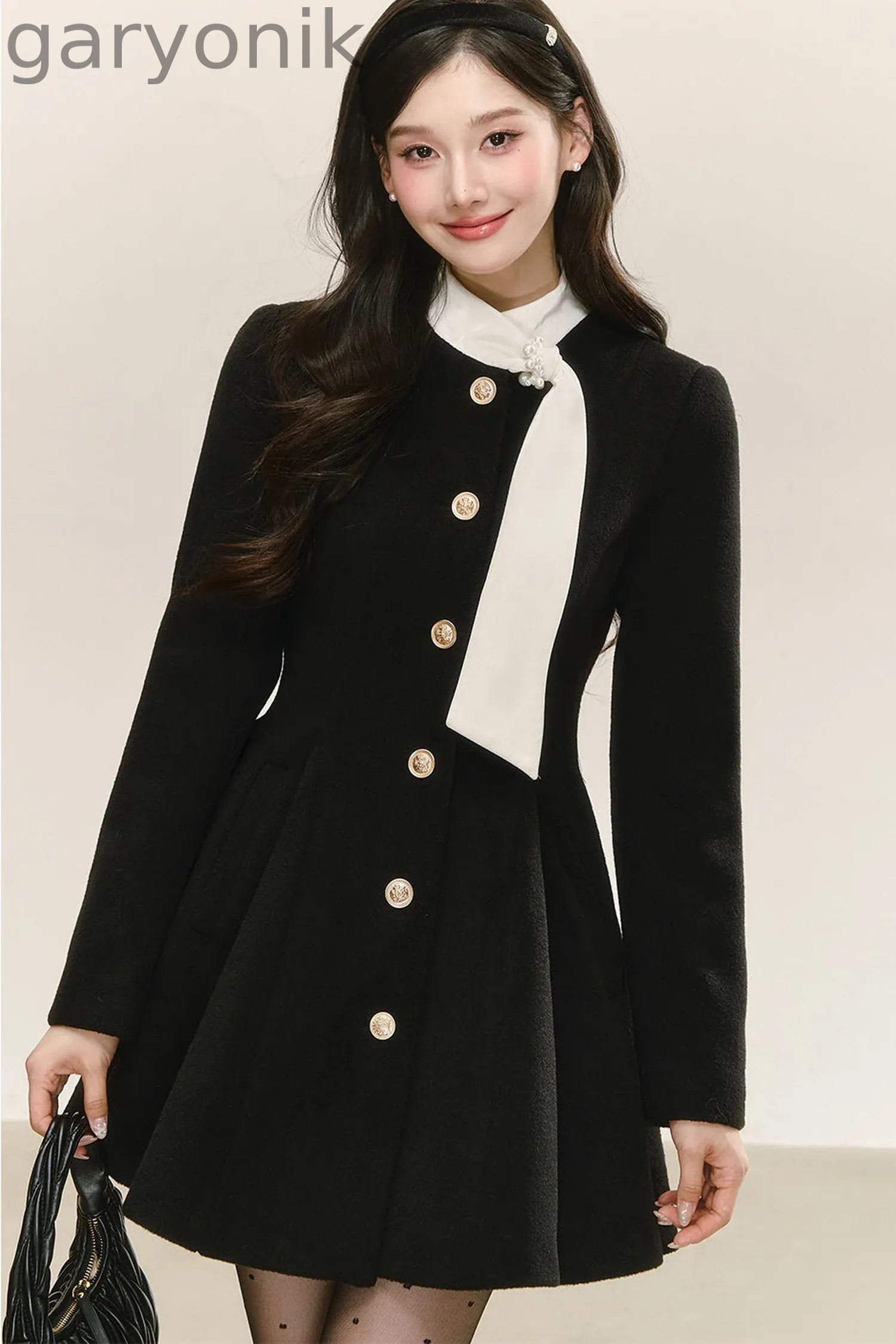 Black Woolen Puffy Coat Dress