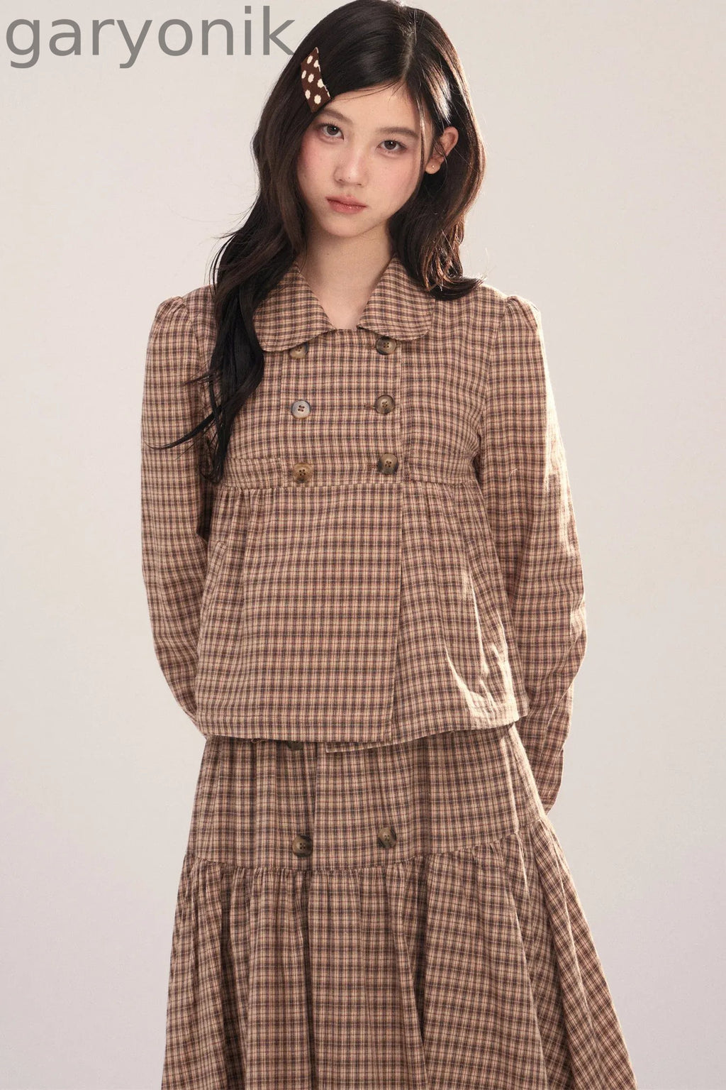 Long-Sleeved Plaid Shirt and Skirt Set-Up