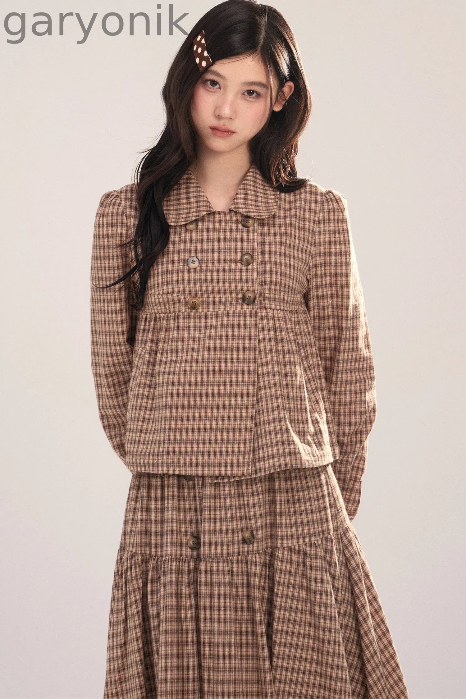 Long-Sleeved Plaid Shirt and Skirt Set-Up