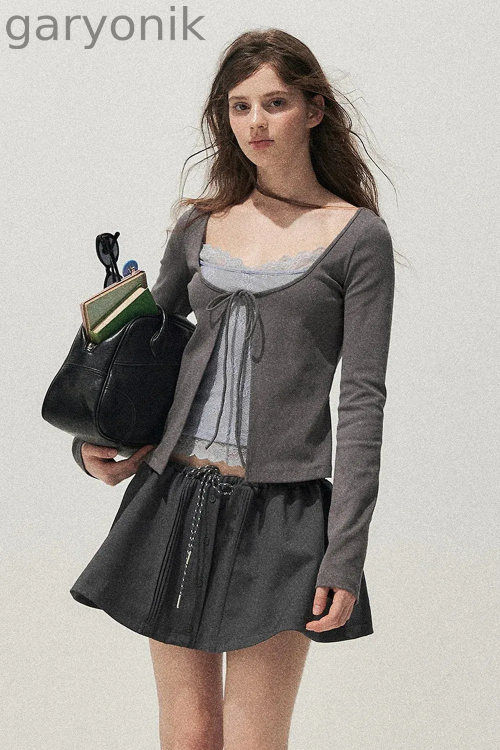 Lace Spliced Tie-Up Long Sleeve Top