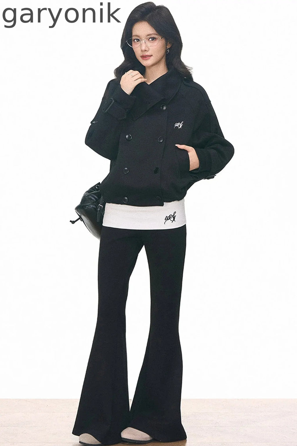 Double-Breasted Knitted Short Trench Coat and Pants Set-Up