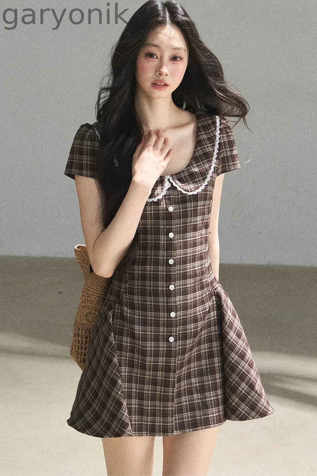 Chestnut Brown Plaid Puffy Dress