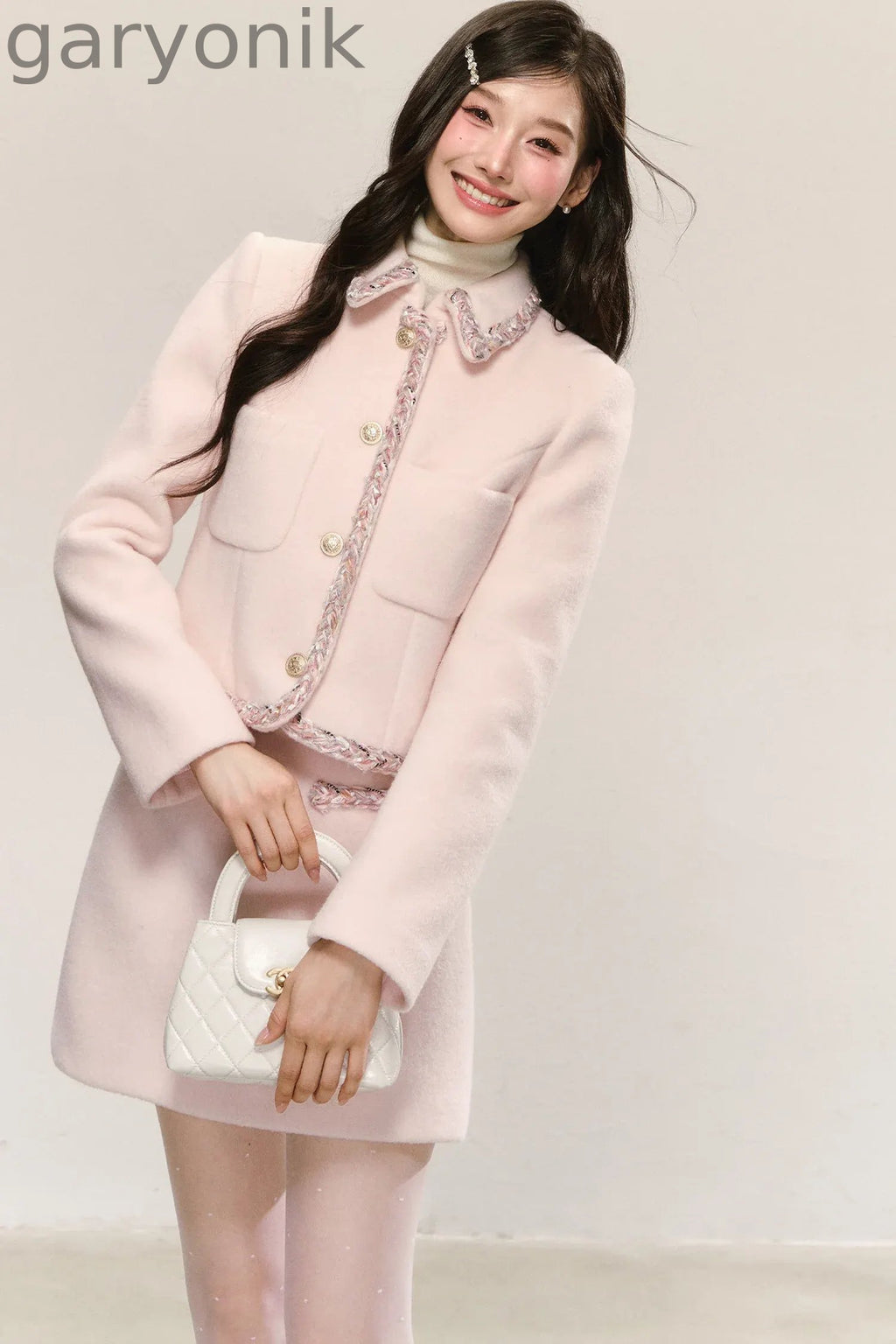Miu Series Pink Woolen Coat Skirt Set-Up