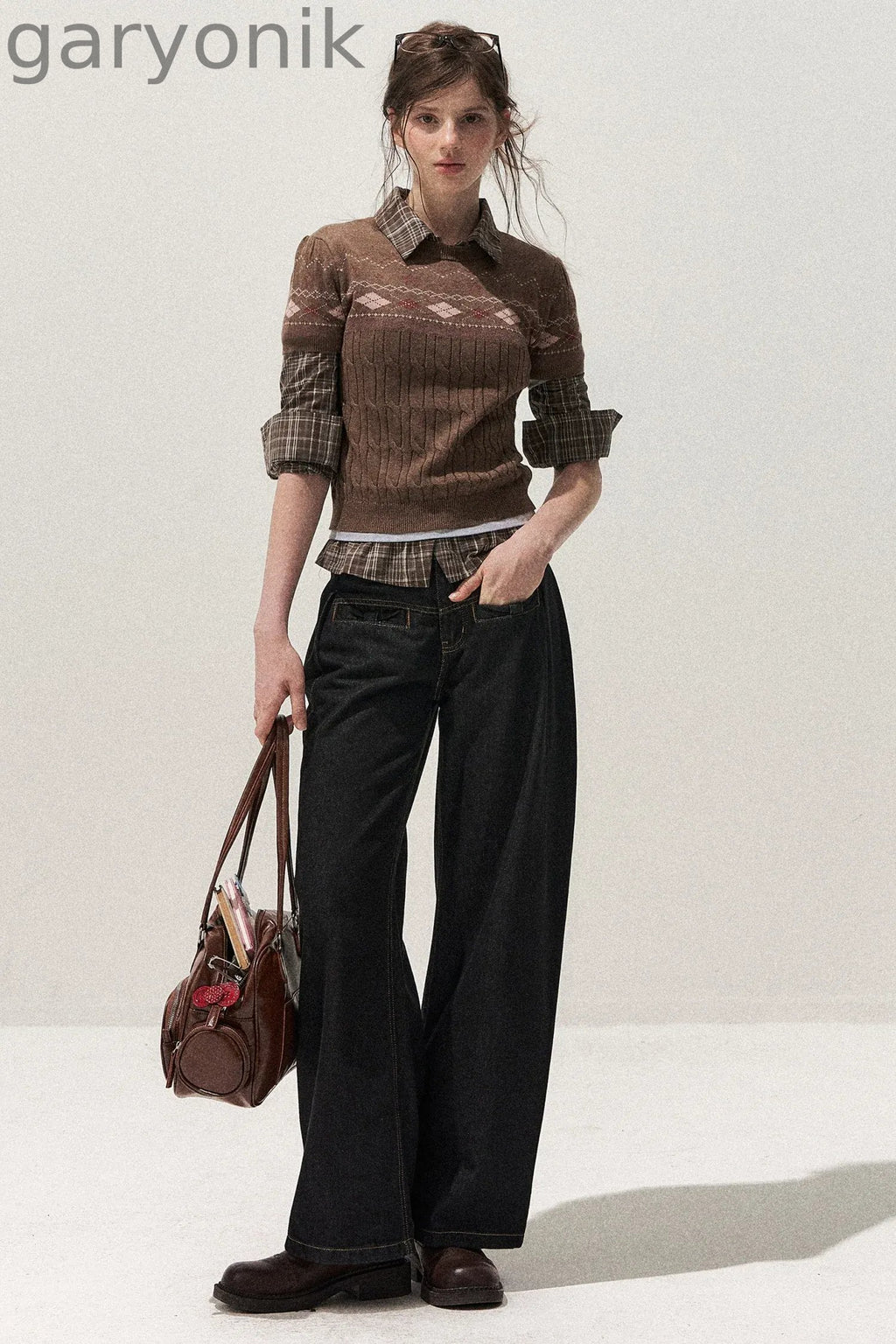 Retro Fair Isle Argyle Short-Sleeve Knit Sweater and Skirt Set-Up