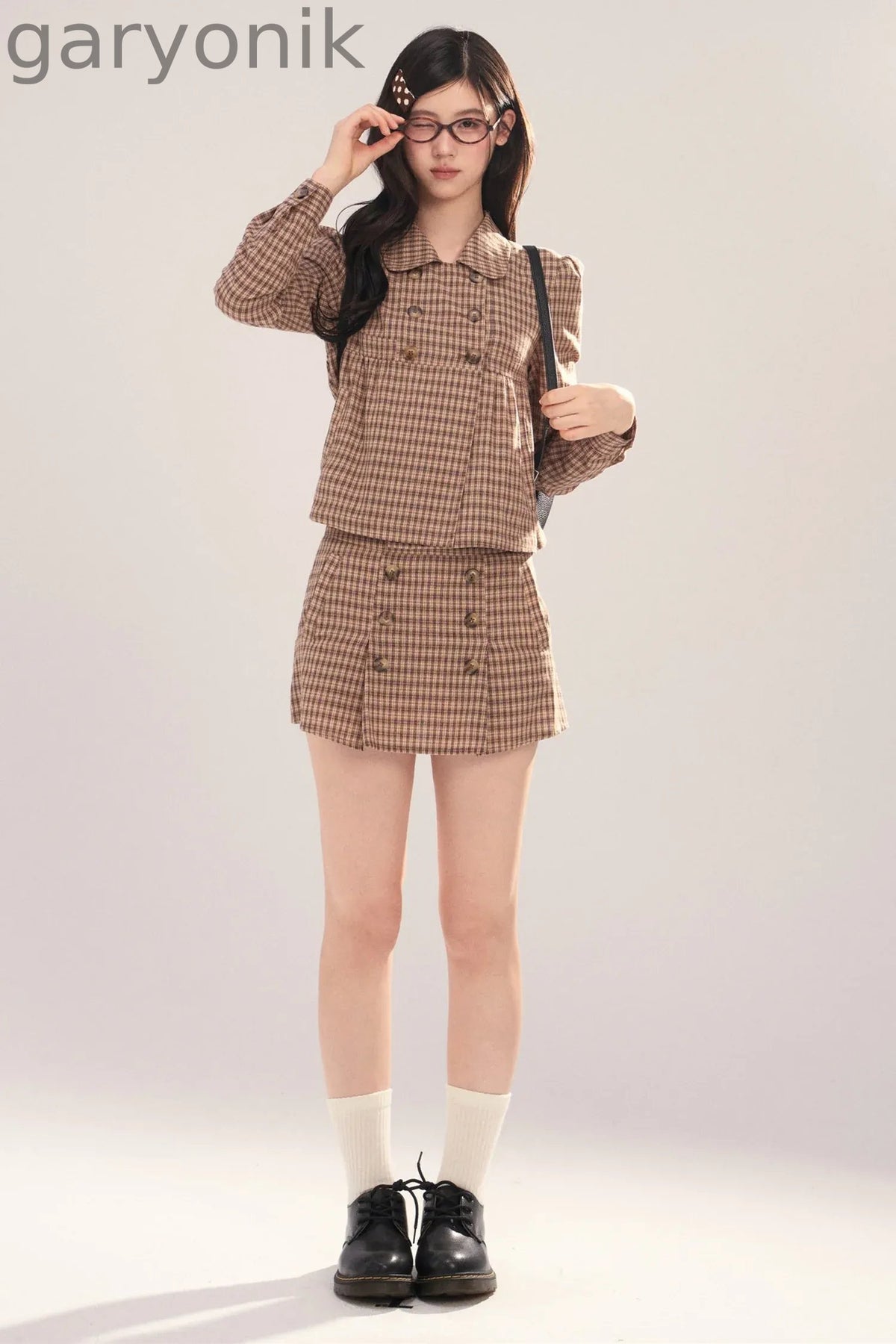 Long-Sleeved Plaid Shirt and Skirt Set-Up