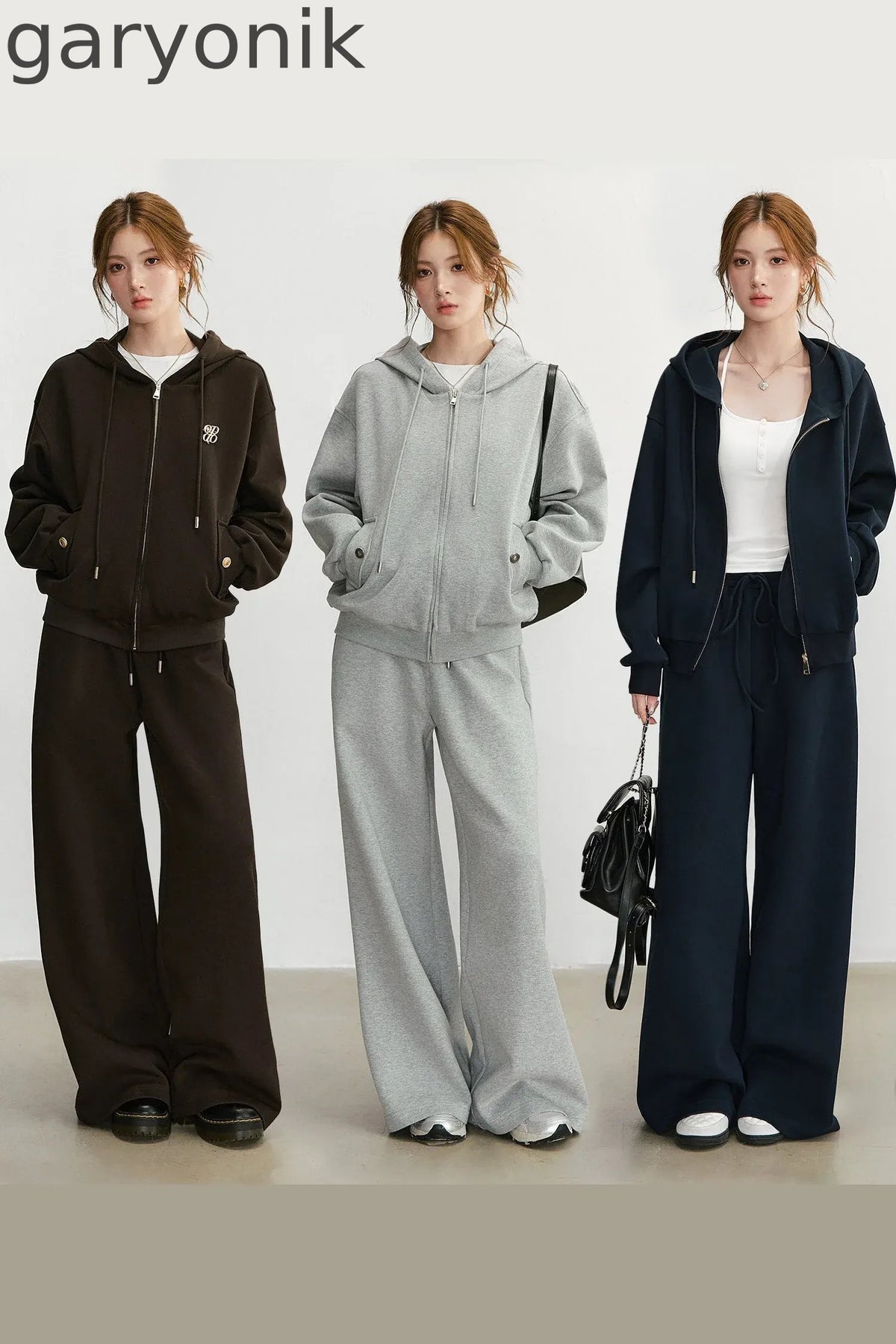 Embroidered Hooded Cardigan Sweatshirt and Wide-Leg Pants Set-Up