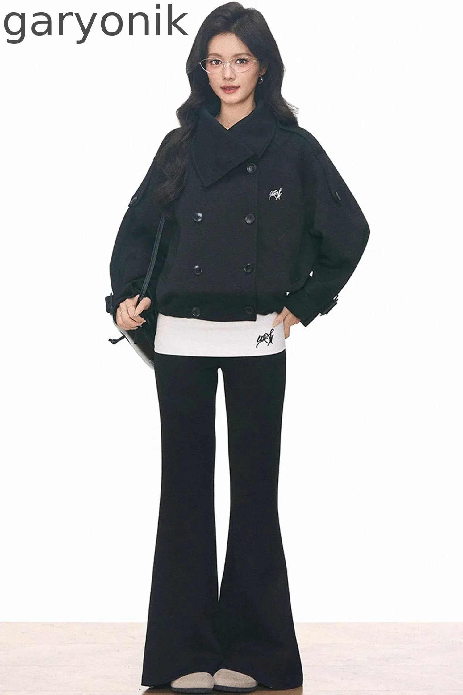 Double-Breasted Knitted Short Trench Coat and Pants Set-Up