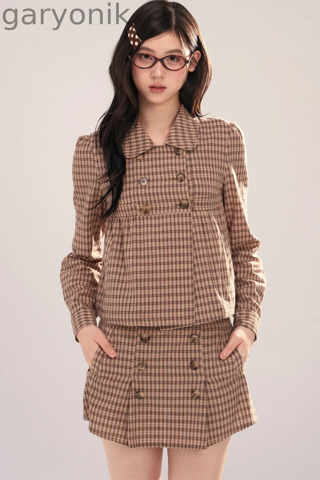 Long-Sleeved Plaid Shirt and Skirt Set-Up