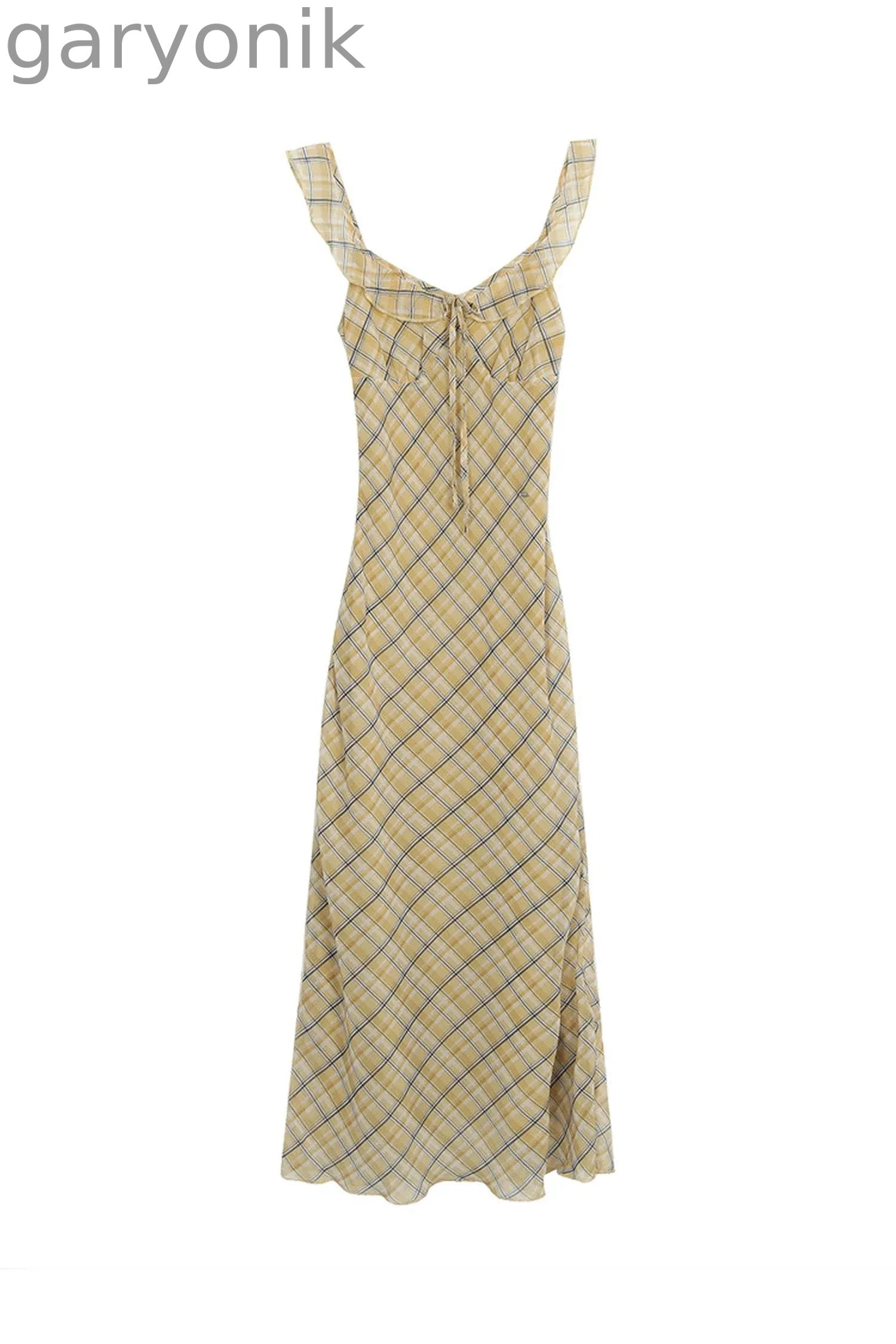 Yellow Plaid Slim Long Dress