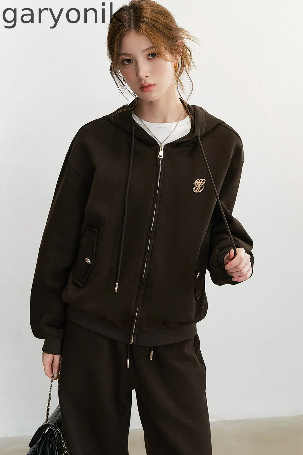 Embroidered Hooded Cardigan Sweatshirt and Wide-Leg Pants Set-Up