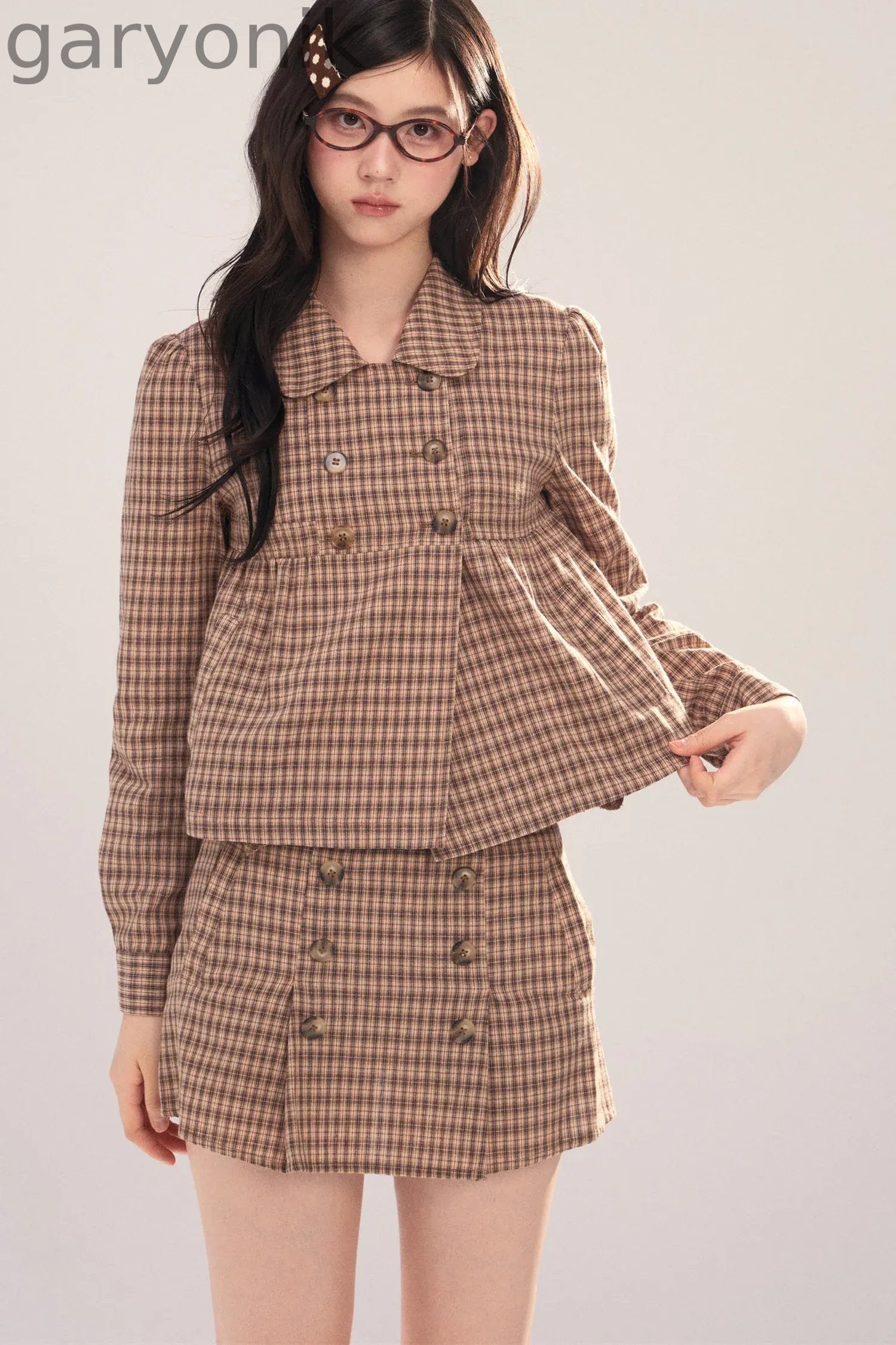 Long-Sleeved Plaid Shirt and Skirt Set-Up