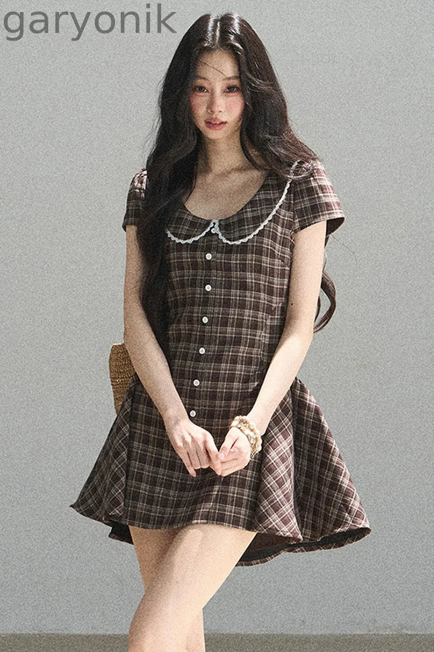 Chestnut Brown Plaid Puffy Dress