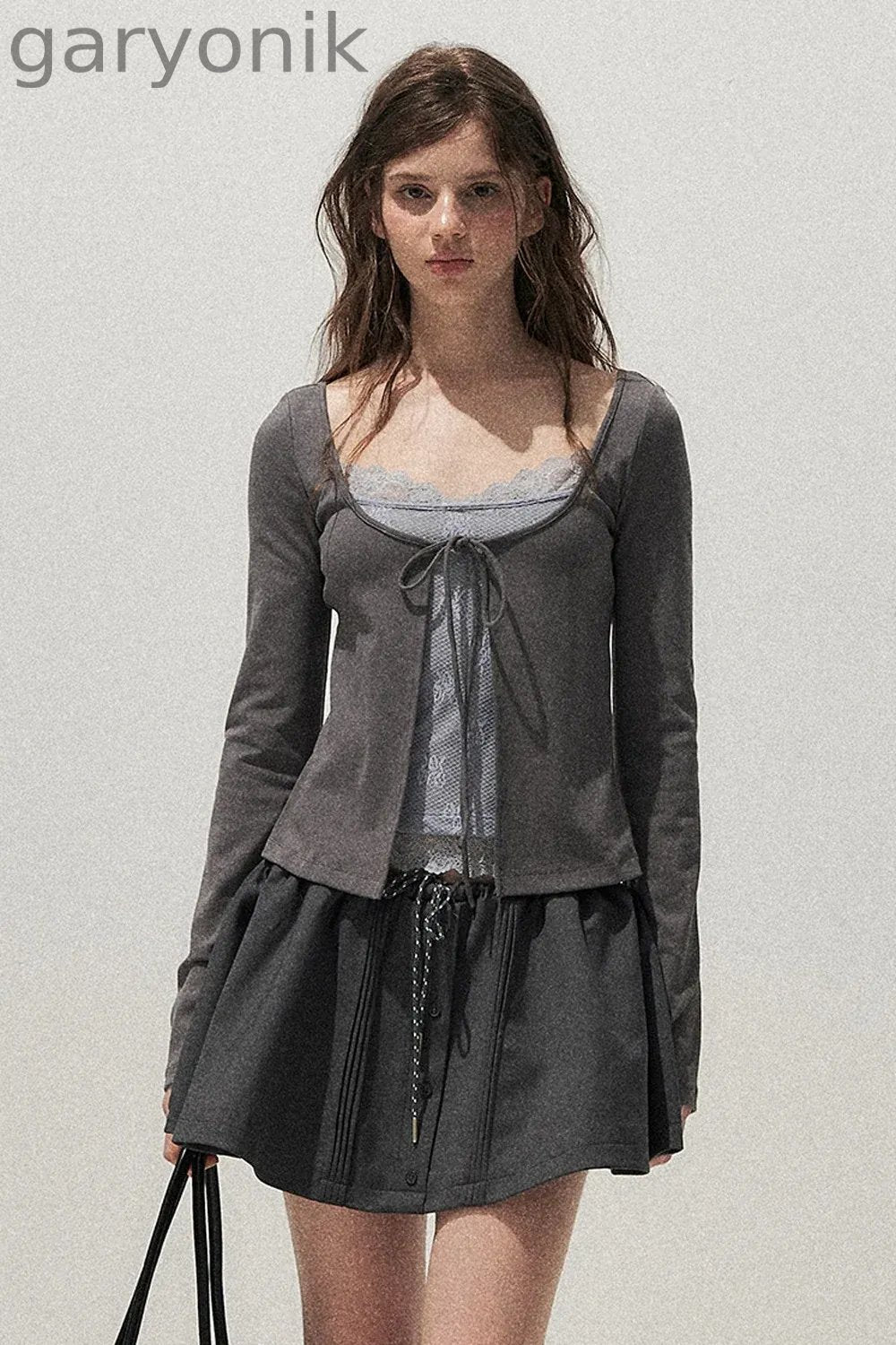 Lace Spliced Tie-Up Long Sleeve Top