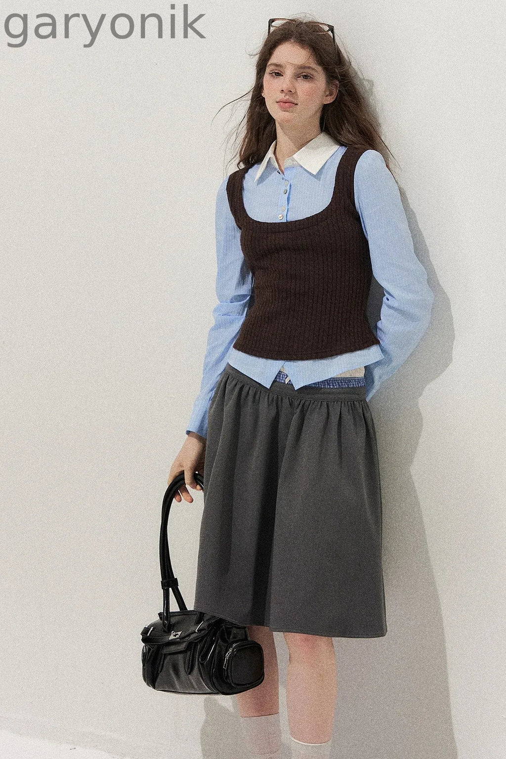 Spliced Twist-Knit Vest with Shirt Set