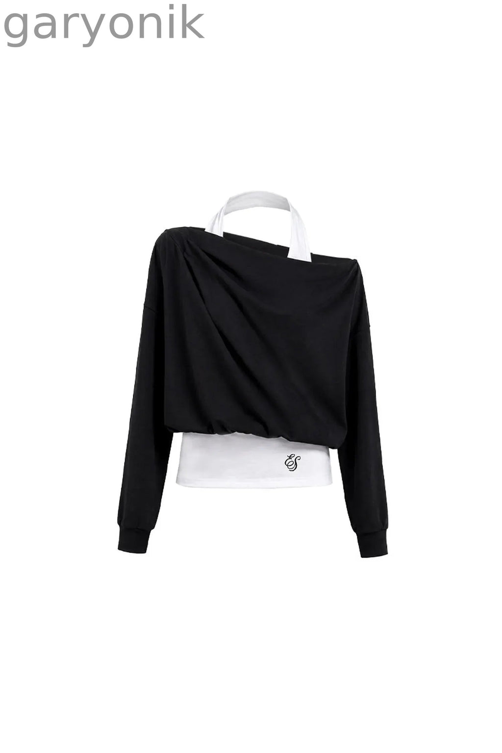Black Asymmetrical Shoulder Long-Sleeve Top and Skirt Set-Up