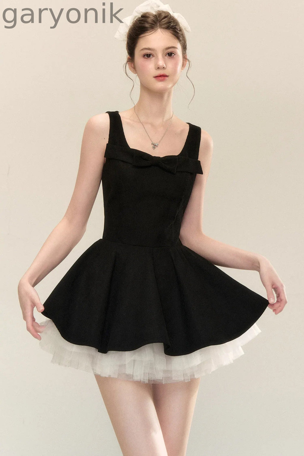 Bow Neck Spaghetti Strap Puffy Dress
