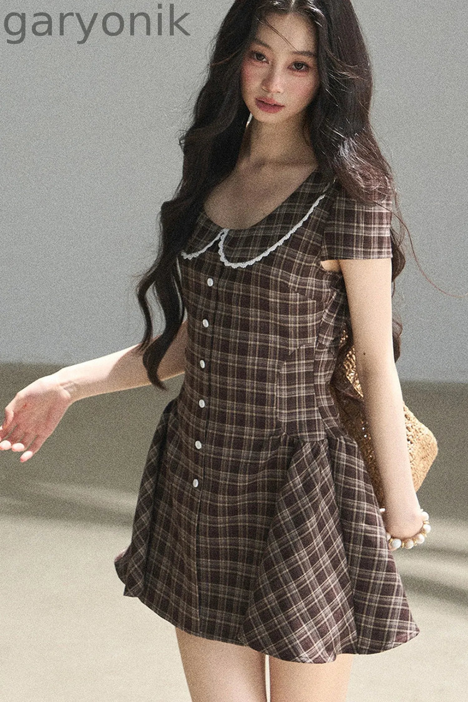 Chestnut Brown Plaid Puffy Dress