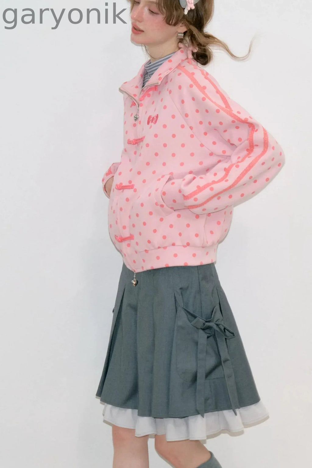 Blue Polka Dot Zipper Hoodie Jacket
