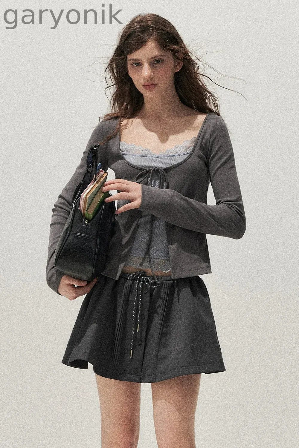 Lace Spliced Tie-Up Long Sleeve Top