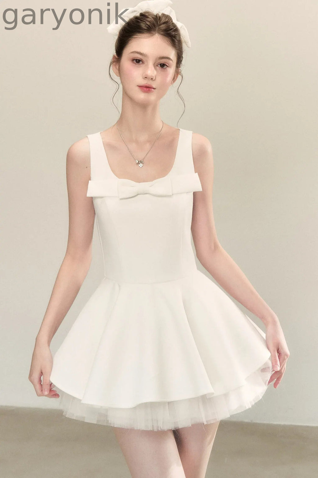 Bow Neck Spaghetti Strap Puffy Dress